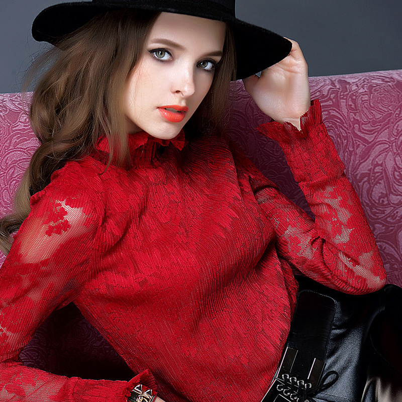 High-Neck Lace Base Shirt for Women, Stylish New Autumn and Winter Style, Red Ruffle Collar, Hollow Mesh Top, Plus Size