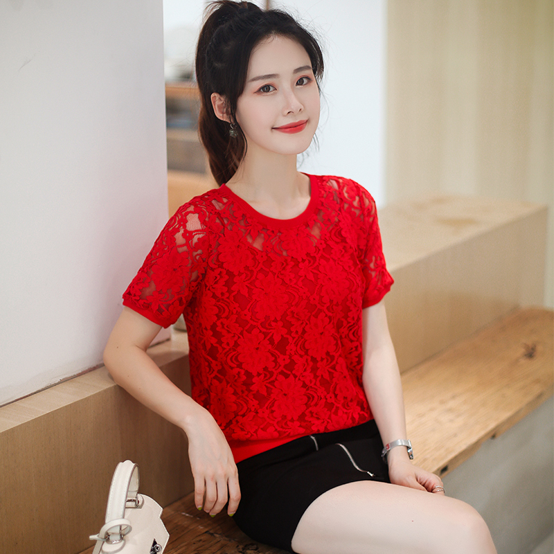 Red Lace Top for Women, Spring and Summer New Style, Short-Sleeved Two-Piece Set, Stylish Hollow-Out Loose Fit, Slimming Plus Size Lace Shirt for Women