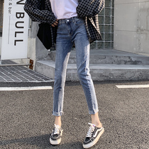 chic retro skinny pants womens jeans ankle-length pants stretch thin light blue 2021 spring and autumn Korean version