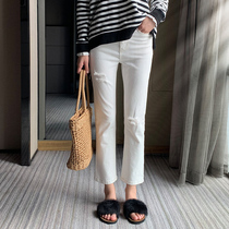 White high waisted straight pants women thin high 2019 summer and autumn holes jeans women ankle-length pants stretch thin tide