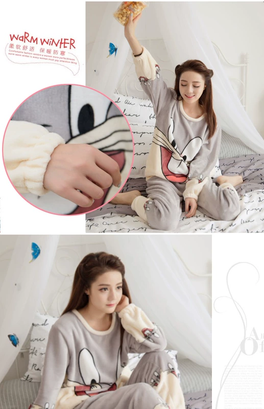 Bộ đồ ngủ mùa thu nữ dễ thương hoạt hình flannel dài tay phù hợp với phụ nữ mùa đông dày kích thước lớn áo choàng ngủ
