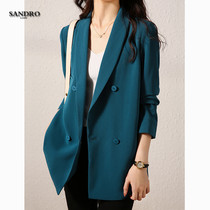 French light extravagant smooth smooth green fruit collar small blazer women 2021 early autumn temperament peacock blue casual suit