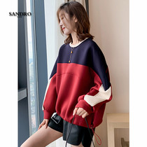 Japanese light luxury 2021 fashion wine red three color splicing Design Q bomb air layer round neck drawing rope loose sweater women