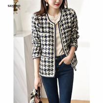 Japanese light luxury classic retro small fragrant tweed navy blue plaid top wool wool blend short coat