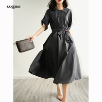 Japanese light luxury classic Hepburn style high gray dress small round neck French belt slim temperament A- shaped summer skirt