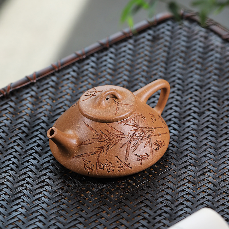 宜興紫砂茶壺 竹の文 現代作家物 手作り陶芸品 中国茶器 置物 未