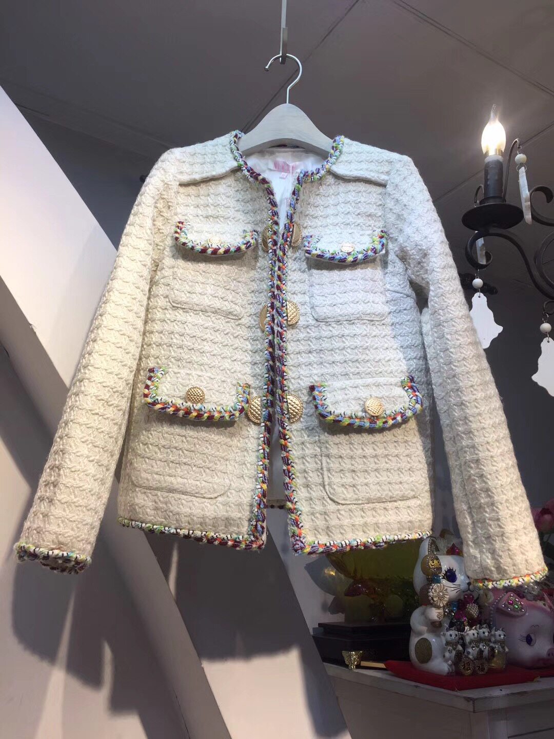Europe station fall 2022 round neck button tweed cardigan knit rope placket small fragrance wind long sleeves short coat woman