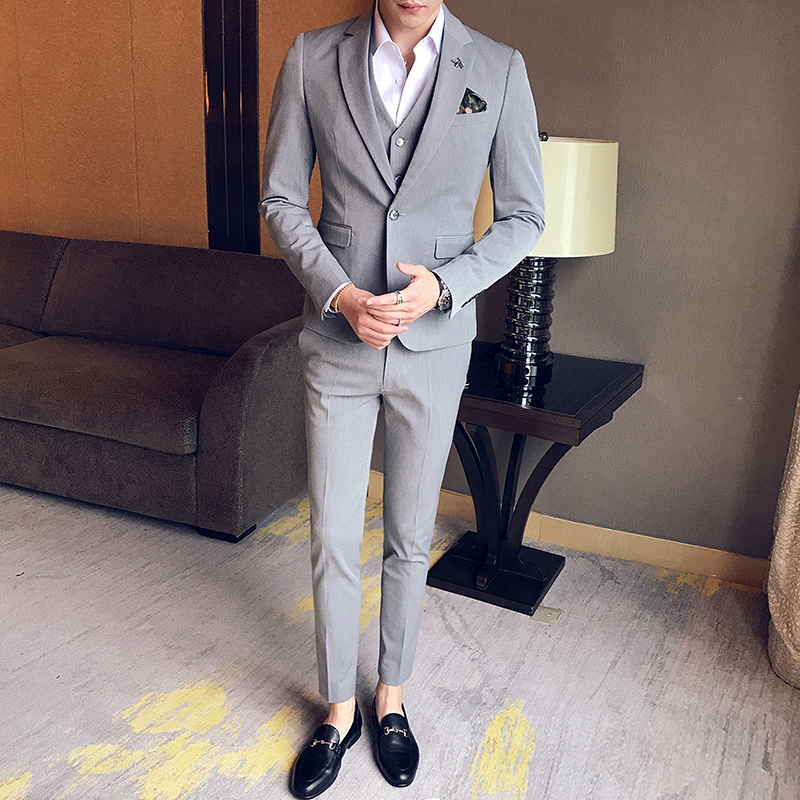 2018春款韩版修身发型师西服男小西装新郎宴会三件套外套小蜜蜂潮