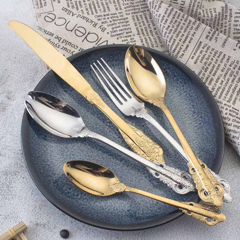 Stainless steel European retro knife and fork spoon coffee spoon coffee knife and fork creative golden luxury Western meal tableware suit