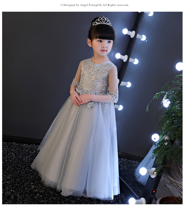 Trẻ em công chúa váy cô gái dài tay phồng sợi sinh nhật hoa cô gái nhỏ chủ trang phục piano màu xám mùa thu đầm thời trang đẹp cho bé gái
