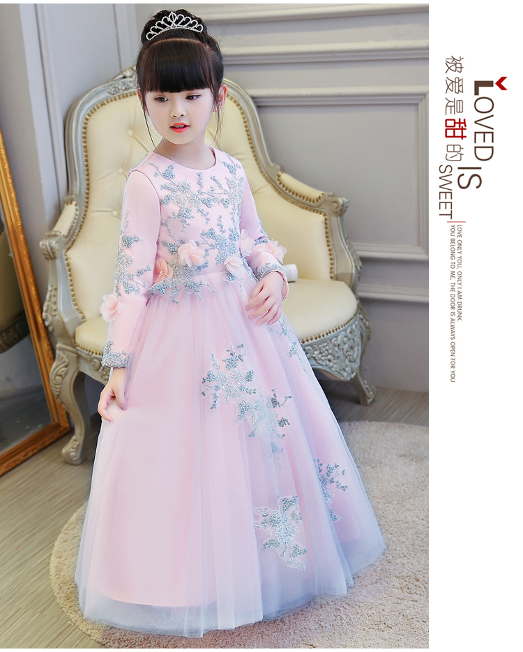 Váy công chúa màu hồng cô gái fluffy hoa cô gái váy mùa đông dày tay dài trẻ em trang phục piano mùa thu và mùa đông shop quần áo trẻ em