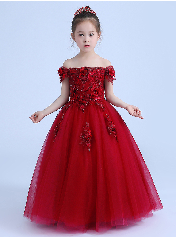Công chúa váy cô gái fluffy sinh nhật cô gái từ vai váy con máy chủ hoa cô gái ăn mặc nữ màu đỏ đầm cho bé