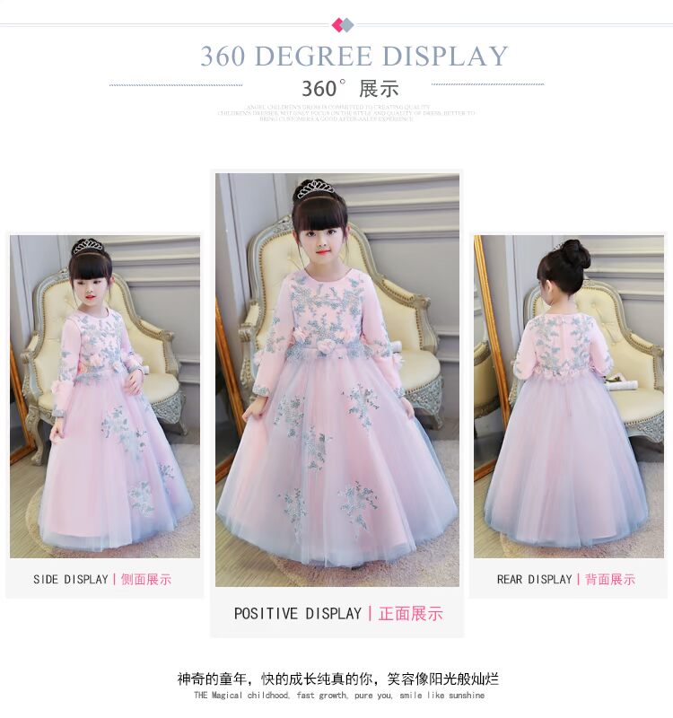 Váy công chúa màu hồng cô gái fluffy hoa cô gái váy mùa đông dày tay dài trẻ em trang phục piano mùa thu và mùa đông shop quần áo trẻ em