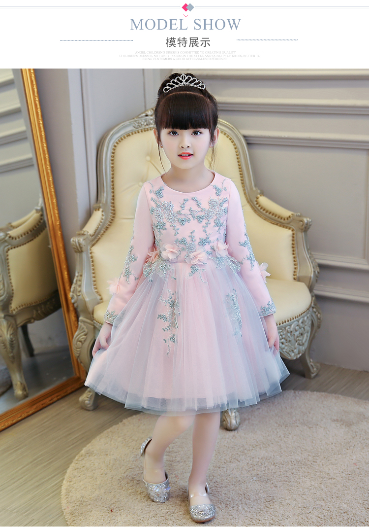 Váy công chúa màu hồng cô gái fluffy hoa cô gái váy mùa đông dày tay dài trẻ em trang phục piano mùa thu và mùa đông shop quần áo trẻ em
