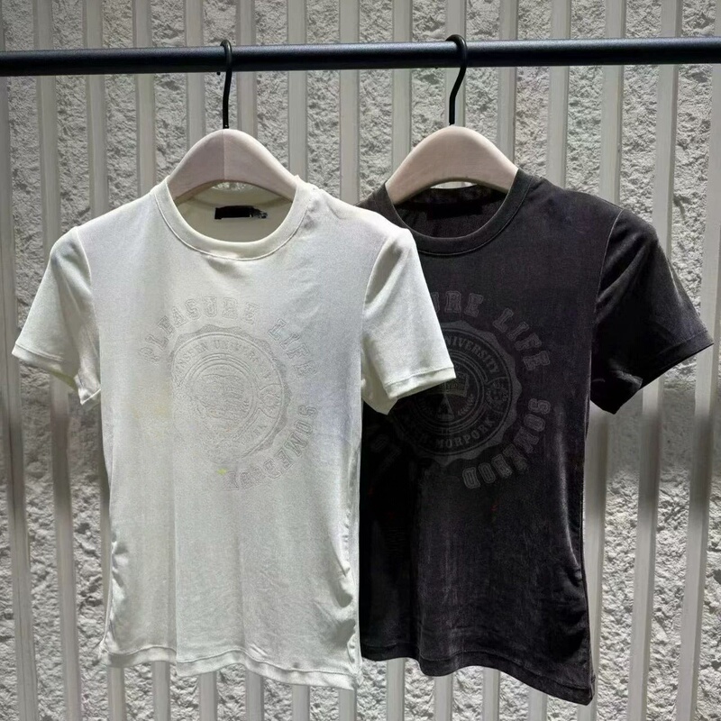 [Counter Edition] Cotton American-Style Badge Flocking Print Short Slim-Fit Round-Neck T-Shirt Mbf3Top023