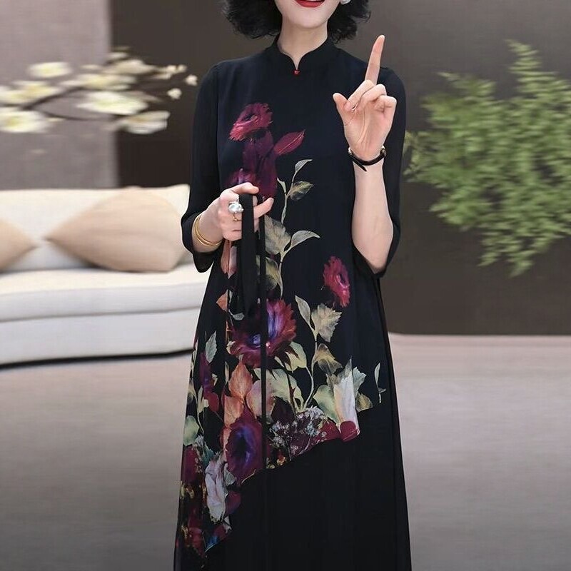 Summer High-End Fashion Light Luxury New Chinese Style Retro Improved Cheongsam Fake Two-Piece Printed Dress