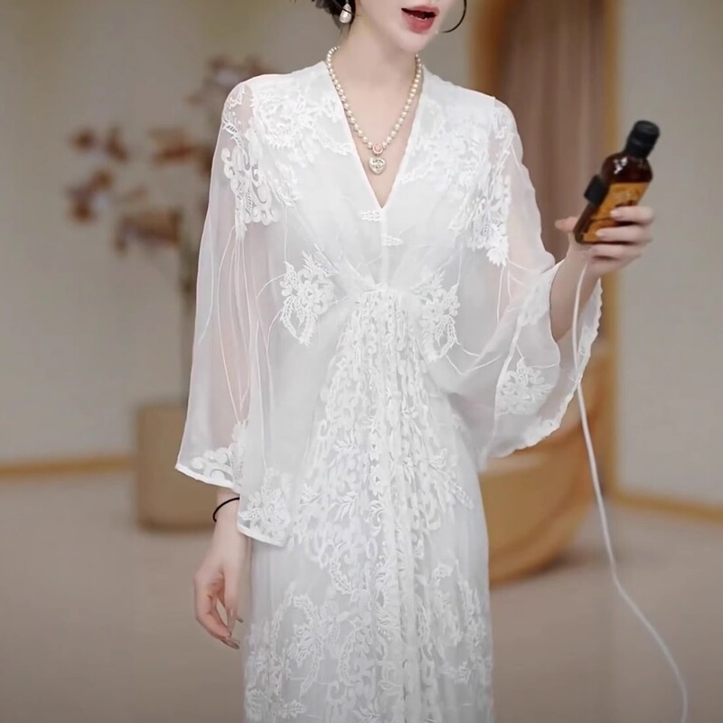 Summer High-End Fashion Heavy Embroidery Over-The-Knee Long Dress for Women, Elegant Waist-Cinching Slimming and Age-Reducing Dress with Embroidery