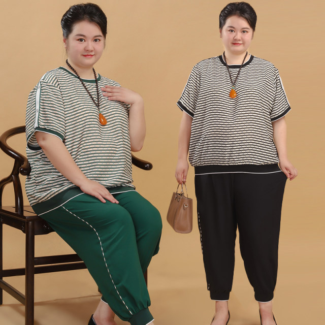 Fat mm sportswear casual suit plus fat plus size women's tops middle-aged and elderly fat mother summer two-piece set