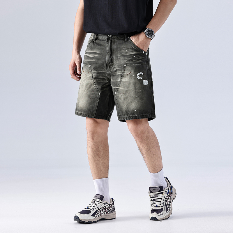 American-Style Lumberjack Washed Vintage Denim Shorts for Men, Woven with Rivets, Heavy-Duty Splatter Ink Workwear Shorts, Trendy Five-Point Pants