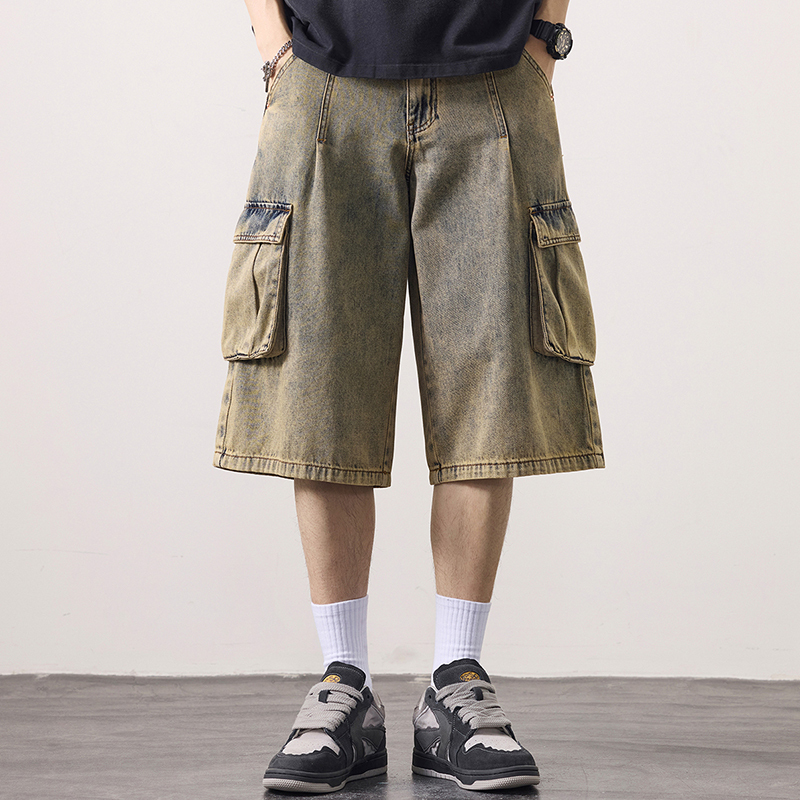 American Retro Multi-Flap Pocket Pants Cargo Denim Shorts Men's Distressed Loose Straight Casual Three-Quarter Wide-Leg Mid-Pants American Retro Multi-Flap Pocket Pants Cargo Denim Shorts Men's Distressed Loose Straight Casual Three-Quarter Wide-Leg Mid-Pants