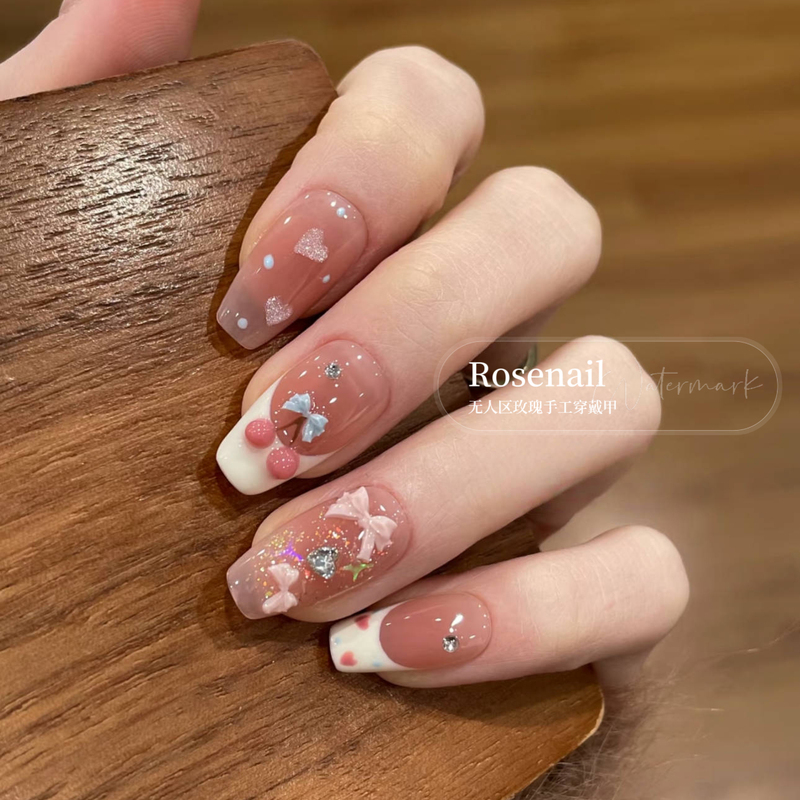 Dessert Party Three-Dimensional Cherry Nude Color Wearable Nails Handmade Removable Fake Nails Short Style Sweet Girl Manicure 498