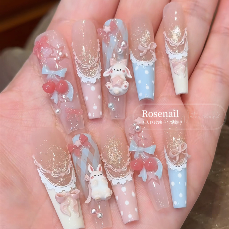 Snow Rabbit Cherry Little Red Book Style Wearable Nails with 3D Bow, Detachable Fake Nails, Handmade Nail Art 500