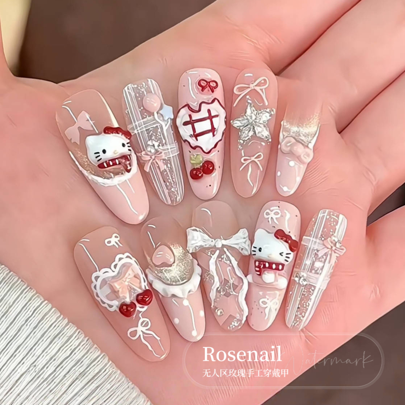Waffle Kt Sweet Detachable Fake Nails Cute Handmade Wearable Nails Hand-Painted Cartoon Sweet Girl Nail Art 497