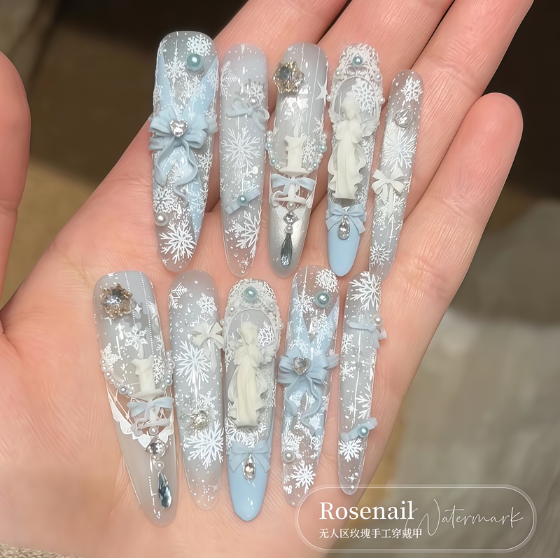Snow Candle Angel Ice Transparent Snowflake Baroque Nail Art Patch Long Style Handmade Wearable Nails Fake Nails Removable
