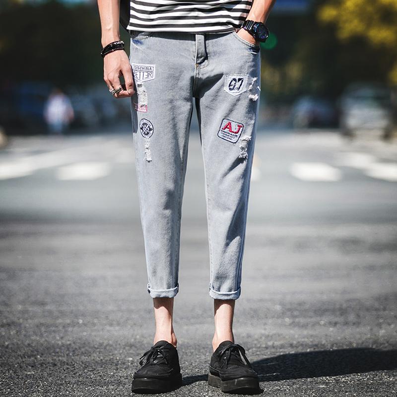 Quần xã hội Quần nam Guy Spiritual Guy Quick Hand Red Man Net Red with Holes Jeans Slim Phiên bản Hàn Quốc quần áo thể thao nam