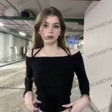 VintageTang американская ретро утягивающая базовая футболка на одно плечо с длинными рукавами, топ для девочек Xiaojiu