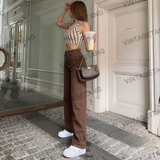 Ретро коричневые цветные штаны, джинсы, в американском стиле, высокая талия, свободный прямой крой