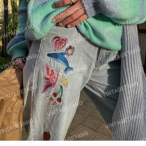 Tide, ретро джинсовые синие штаны, в американском стиле, с вышивкой, свободный прямой крой