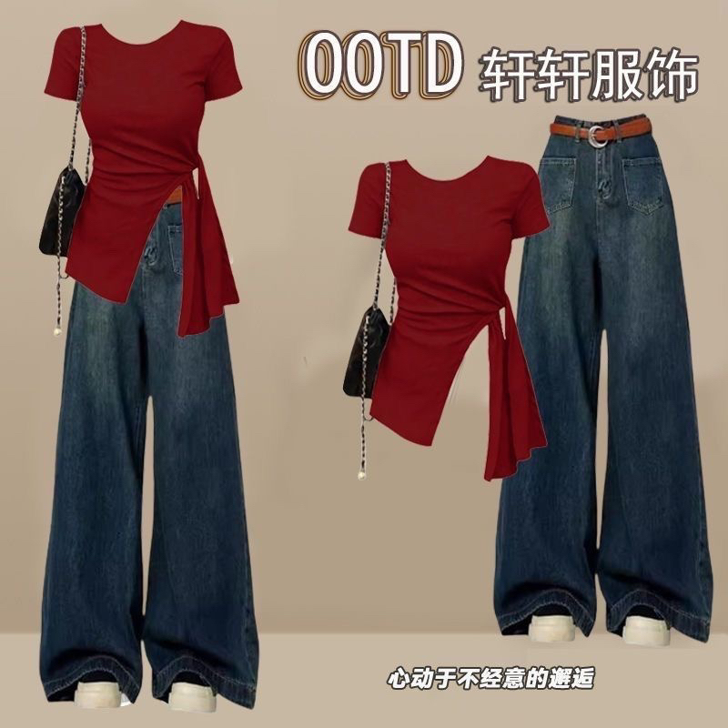 2025 New Irregular Tie-Waist Short-Sleeve T-Shirt for Women, Designer Niche Slim-Fit Top, Trendy