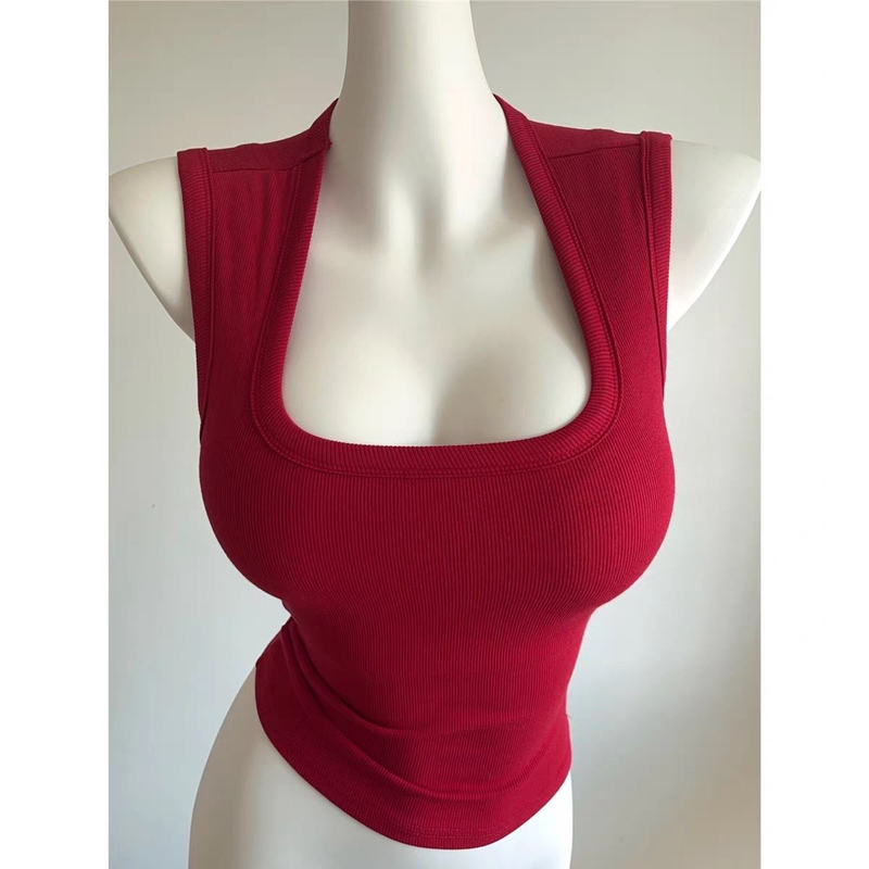 2025 New Hot Girl Style Red Square-Neck Sleeveless Tank Top for Women, Summer Slim Fit Inner Layering Shirt Top