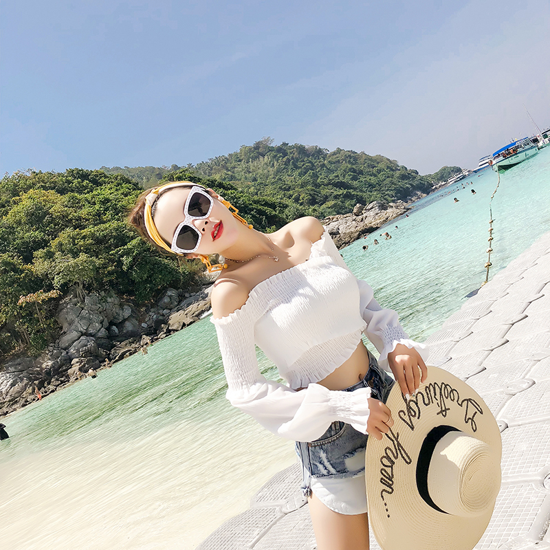 VK旗艦店 韓國風短版性感百搭V領一字領修身顯瘦長袖上衣