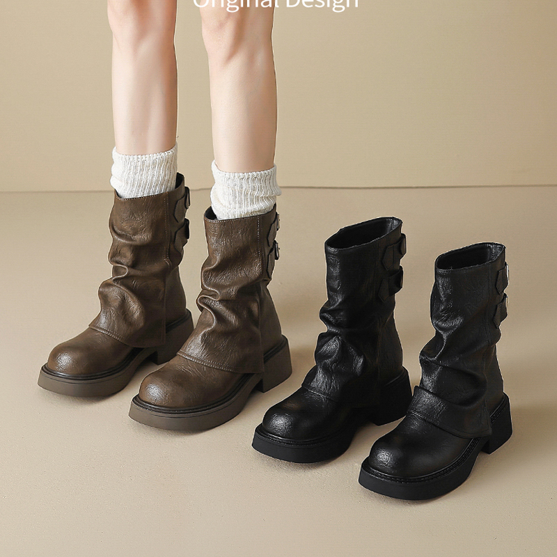 Pleated Trouser-Leg Boots, Large Size Boots 41 to 43, Slouchy Boots, Flat Mid-Calf Martin Boots, Women's British Style Autumn and Winter Short Boots