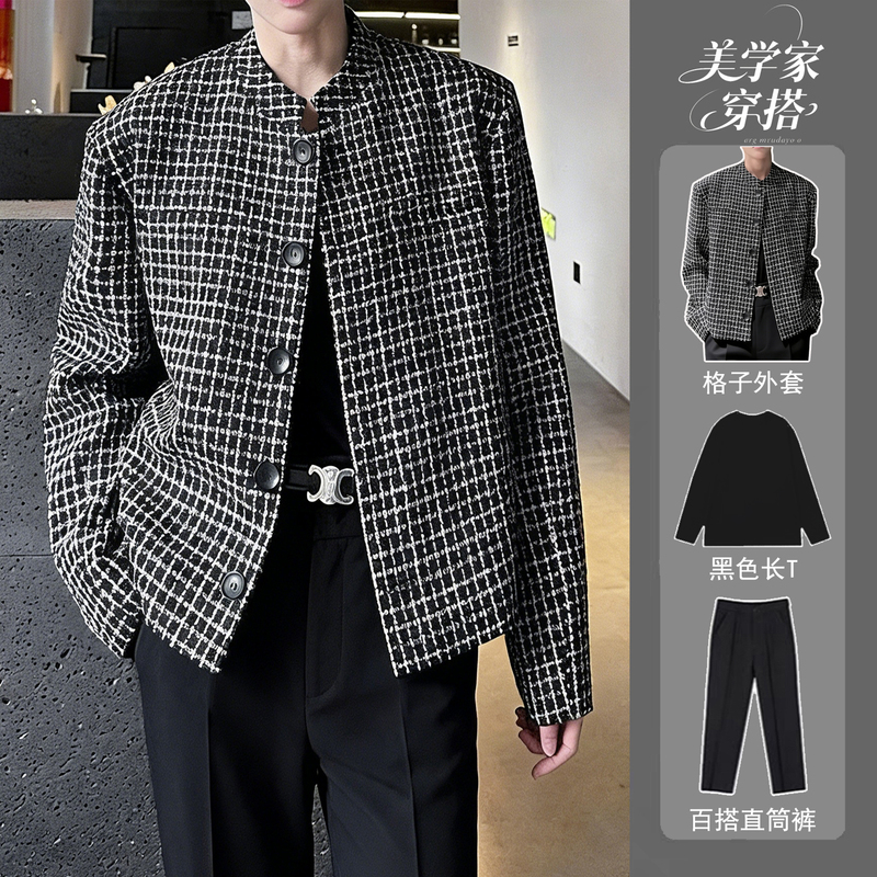 Spring Padded Shoulder Plaid Short Jacket in Chanel Style for Men ins Trendy Hong Kong Style Cool Stand Collar Blazer Suit