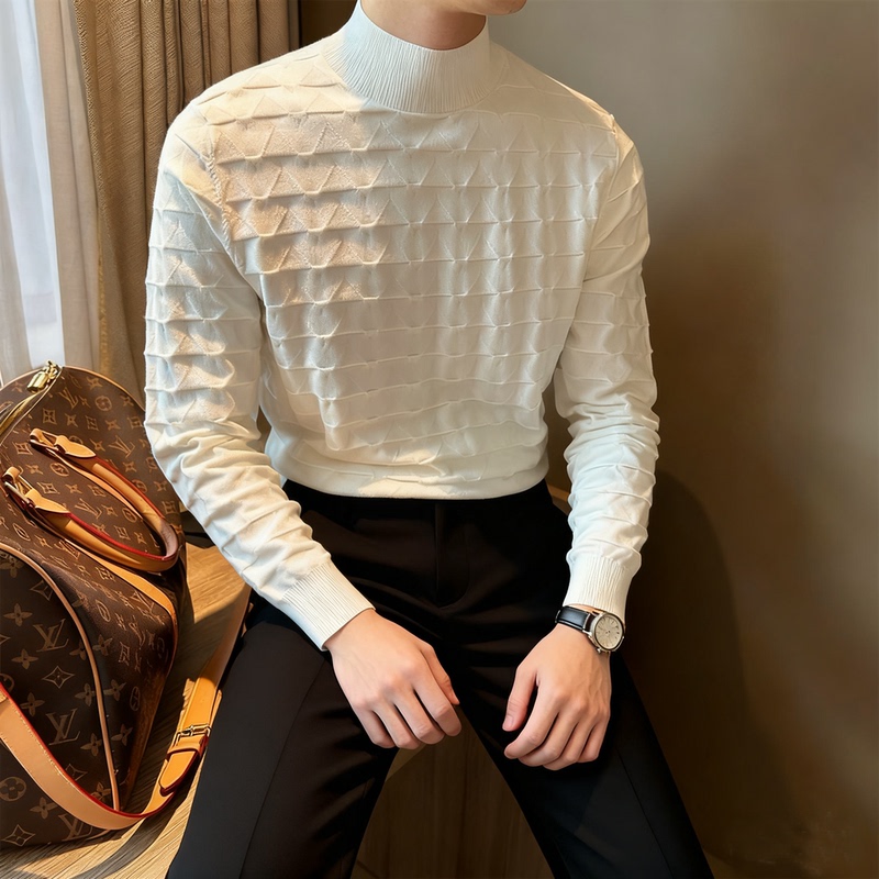 Mr. Nr British Style Solid Color Half-High Collar Gentleman's Men's Knitted Pullover Long-Sleeve Wavy Pattern Stretch Base Shirt Sweater