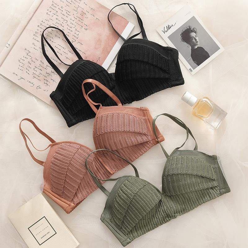 Upper Thin Lower Thick No Steel Ring Underwear Suit Teenage Girl Sexy Lace Poly Woo Bra Closeup Breast Proof Saggy Small Bra