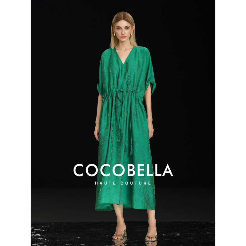 Cocobella Light Luxury New Chinese Style Rayon Jacquard Satin Dress Women's Summer Shimmering Brocade Waist-Cinching Long Dress
