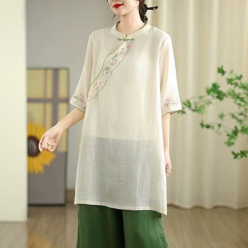 Plus Size Women's Cotton and Linen Embroidered Diagonal Collar Button-Down Shirt 2026 Summer New Style Five-Quarter Sleeve Mid-Length Top Plus Size Women's Cotton and Linen Embroidered Diagonal Collar Button-Down Shirt 2026 Summer New Style Five-Quarter Sleeve Mid-Length Top