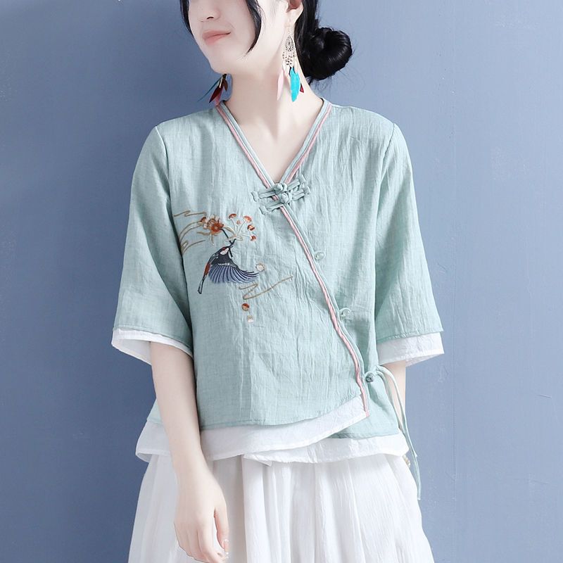 2026 Summer Cotton and Linen Bird Embroidery V-Neck Diagonal Button Mid-Sleeve Blouse for Women, Chinese Style Retro Tea Dress Top 2026 Summer Cotton and Linen Bird Embroidery V-Neck Diagonal Button Mid-Sleeve Blouse for Women, Chinese Style Retro Tea Dress Top