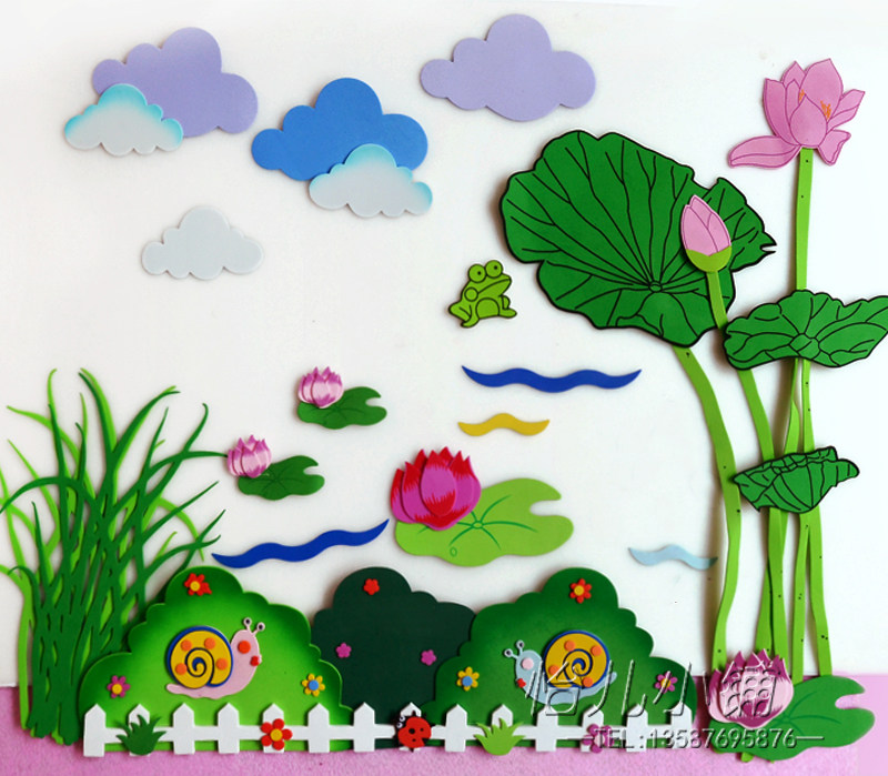 Small school kindergarten environment decoration supplies Foam lotus summer theme lotus pond frog combination wall sticker
