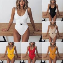 Solid color large V-neck halter belt Swimsuit One-piece swimsuit White swimsuit