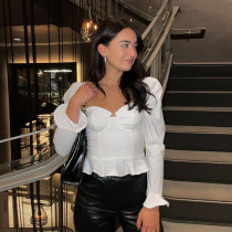 2021 square collar ruffles solid color long sleeve commuter slim temperament winter coat lady base shirt T-shirt women