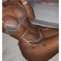 Gathered steel bracket Eyelashes Lace flash diamond Chain suspender White Rich beauty sexy sex underwear three-piece suit