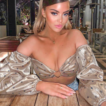 Long-sleeved polka dot love hollow out sexy umbilical wrap chest bandeau T-shirt top for women