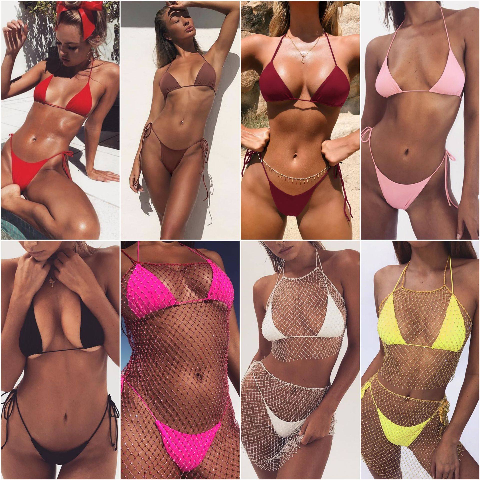 Pugi Island Goddess Swimsuit Pure Color Hanging Neck Strap Sexy Exposure Bikini BIKINI