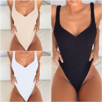 Steel rest chest pads gather V-neck one-piece swimsuit
