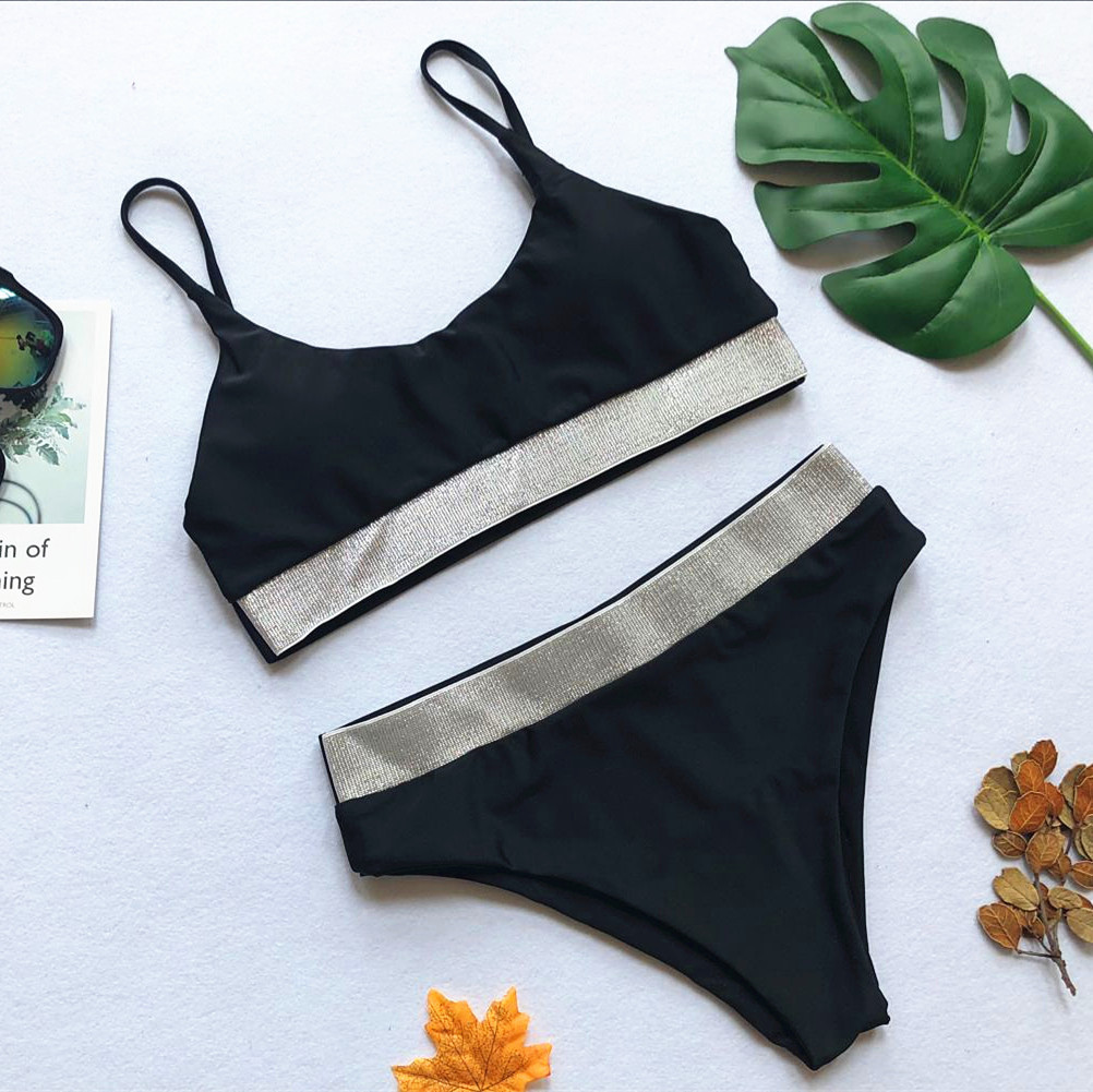 2018 Châu Âu và Mỹ gợi cảm bikini cạp cao bikini bikini nữ lấp lánh màu rắn rắn 	đồ bơi 2 mảnh quần